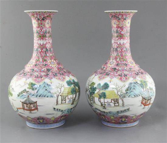 A pair of Chinese famille rose bottle vases, Republic period, height 36.5cm